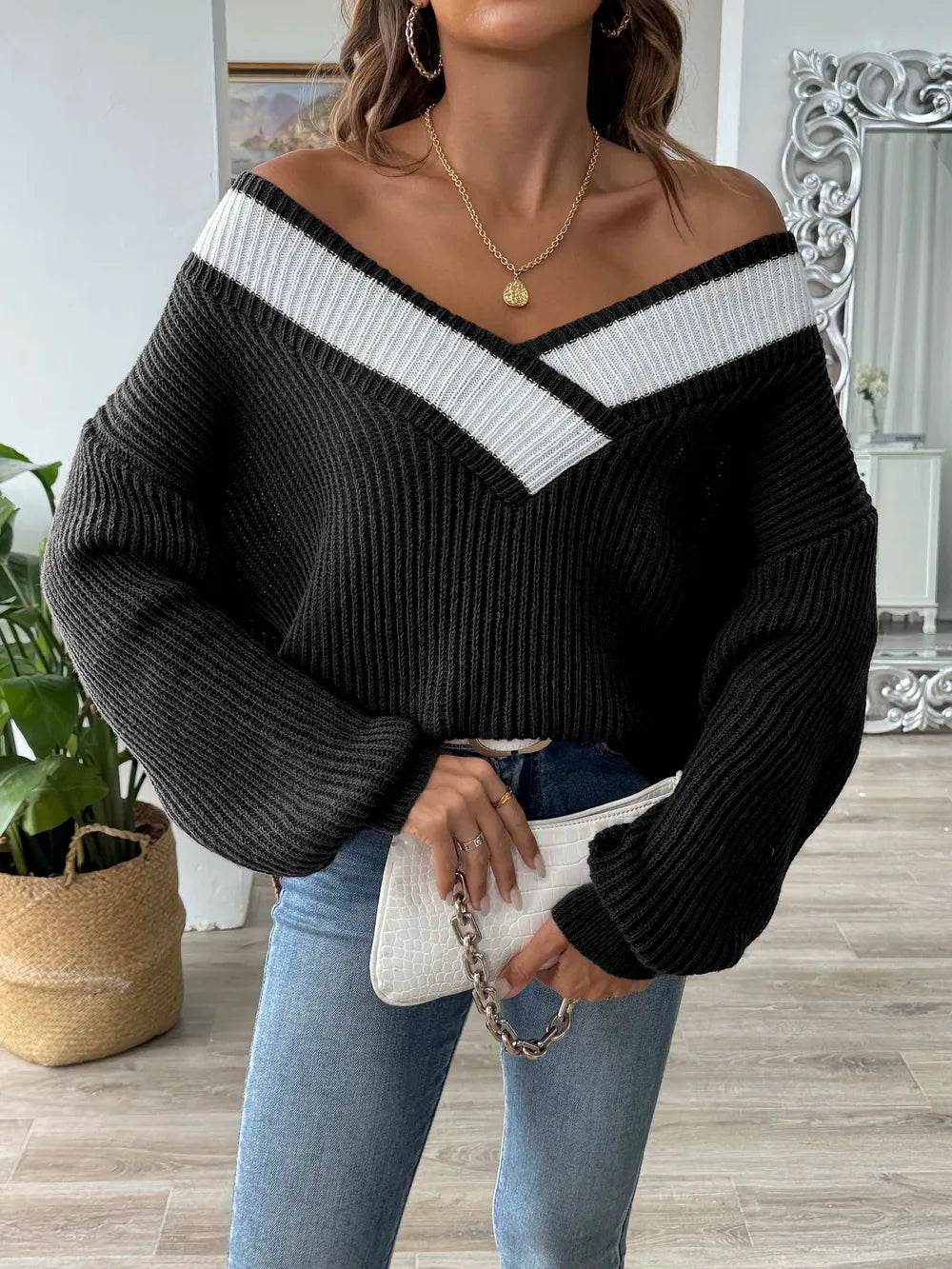 Contrast Dropped Shoulder Long Sleeve Sweater - Millivan supplies