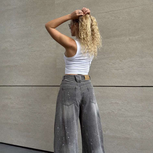 Women's Designer Washed & Bleached High-Waist Pants – Loose Fit Cotton Trousers Gray S–XL