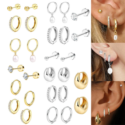 Collection of gold, silver, and pearl earrings with close-up views on ears.