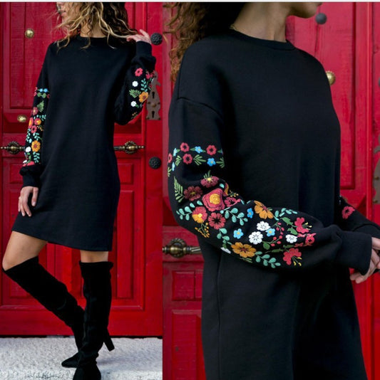 Women's Autumn Winter Casual Long Sleeve Floral Embroidery Dress