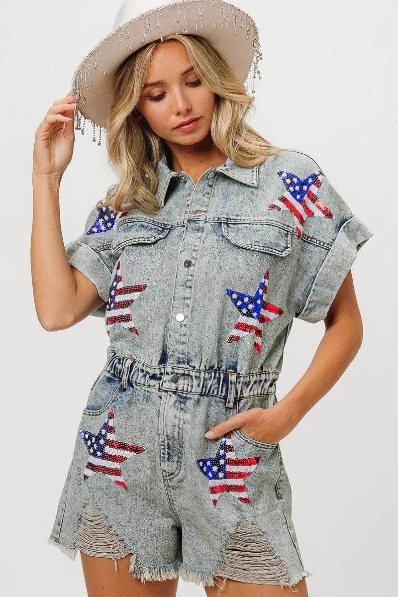 BiBi American Flag Washed Romper - Millivan supplies