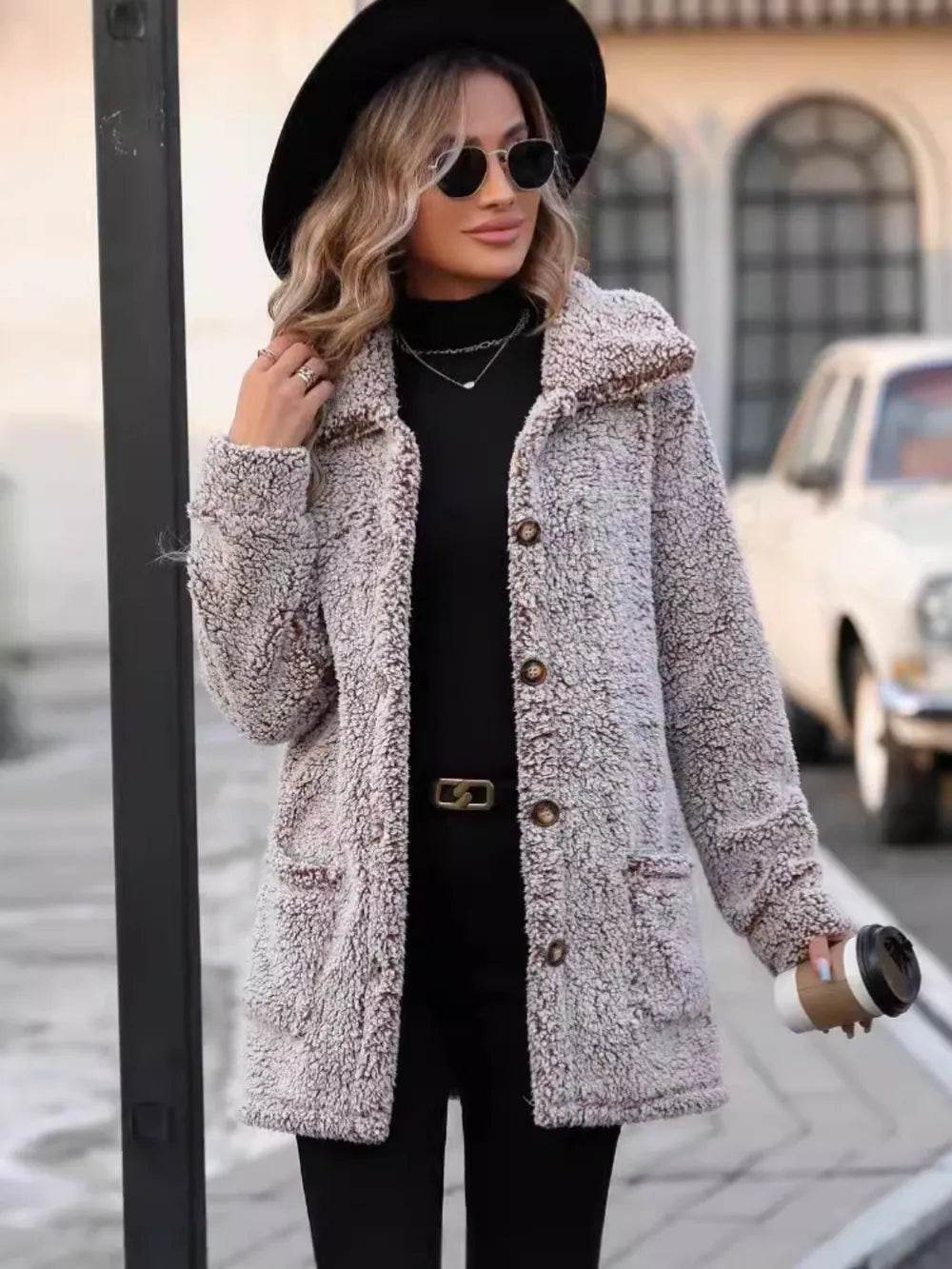 Pocketed Collared Neck Long Sleeve Plush Jacket - Millivan supplies