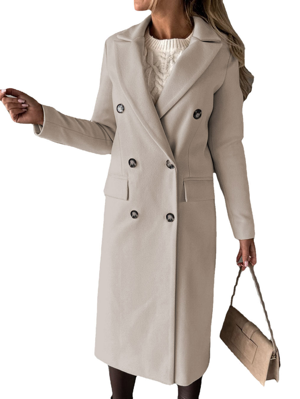 Women's Long Sleeve Lapel Coat - Adult Winter Fashion Double Breasted Slim Jacket