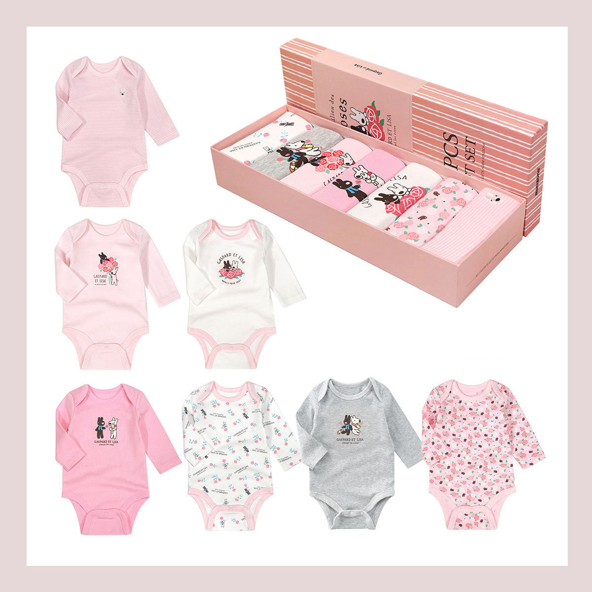 Unisex Baby Cotton Romper Set - Infant Seven-Piece Long-Sleeve Collection