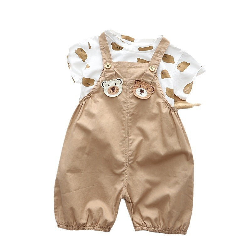 Adorable Bear Brother Two-Piece Baby Outfit - Short Sleeve Top & Strap Pants Set