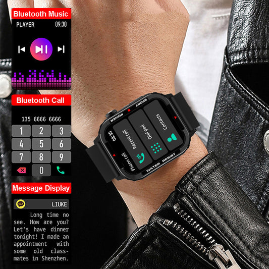 Smartwatch on a wrist with display of music, call, and message features.