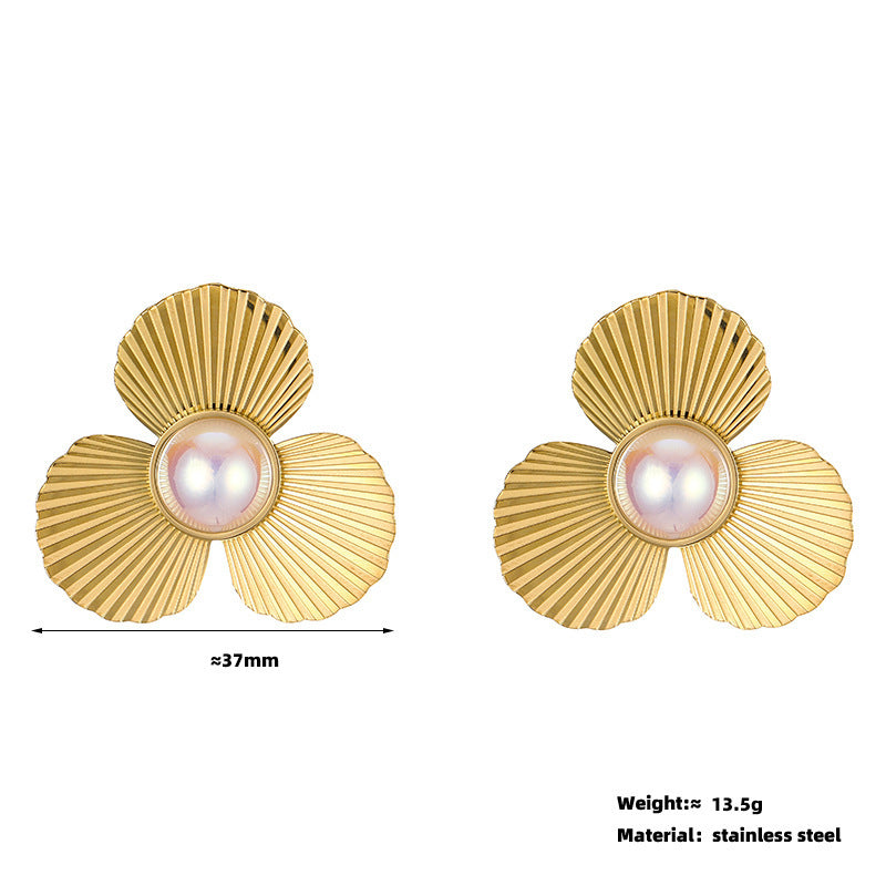 Women's Fashion Titanium Steel Trefoil Flower Pearl Earrings - Gold Plated