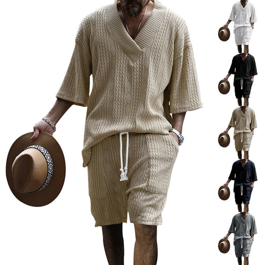 Casual Jacquard Suits Summer V-neck Short-sleeved T-shirt And Drawstring Pocket Shorts Fashion 2pcs Set