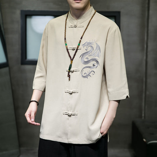 Men's Ice Silk Hanfu Shirt - Adult Three-quarter Sleeve Yellow Green