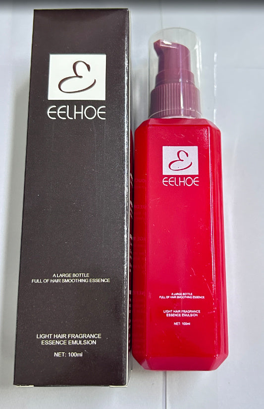Red bottle and black box of Eelhoe hair product on a white background