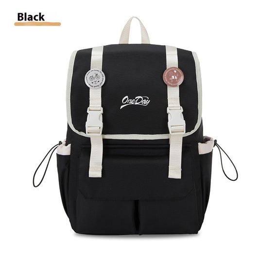 Black backpack with white straps and 'OneDay' branding on a white background