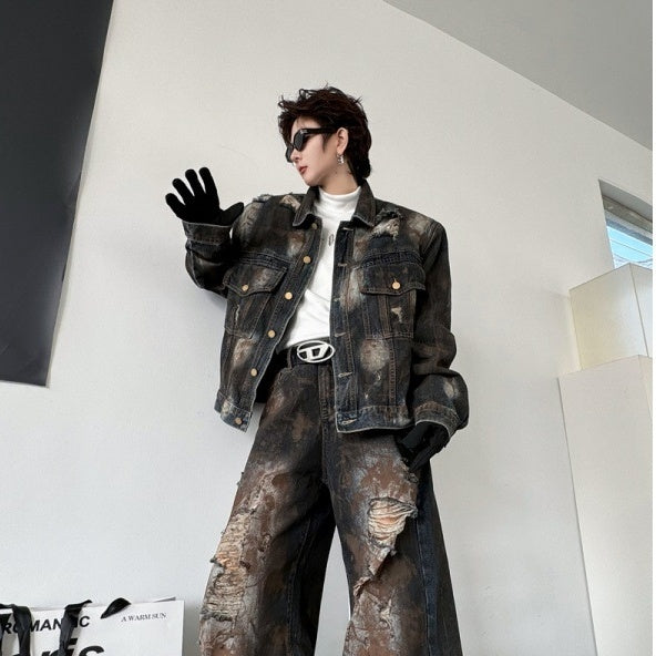 Painting Do The Old Cowboy Jacket Ripped Denim Trousers Men Loose Outfit - Vintage Western Set