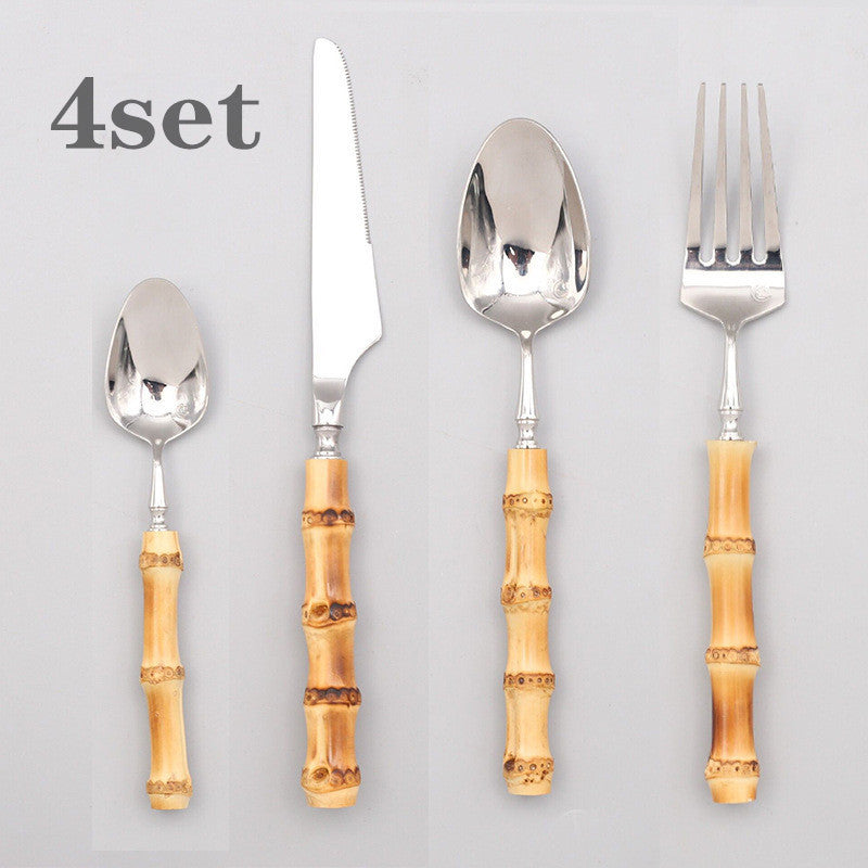 Ins Western Stainless Steel Steak Net Red Ice Cream Spoon Knife And Fork - Bamboo Handle Set
