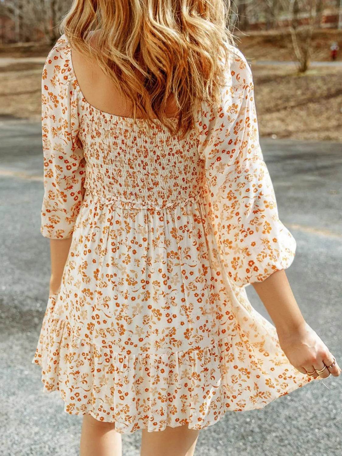 Smocked Floral Square Neck Dress - Millivan supplies
