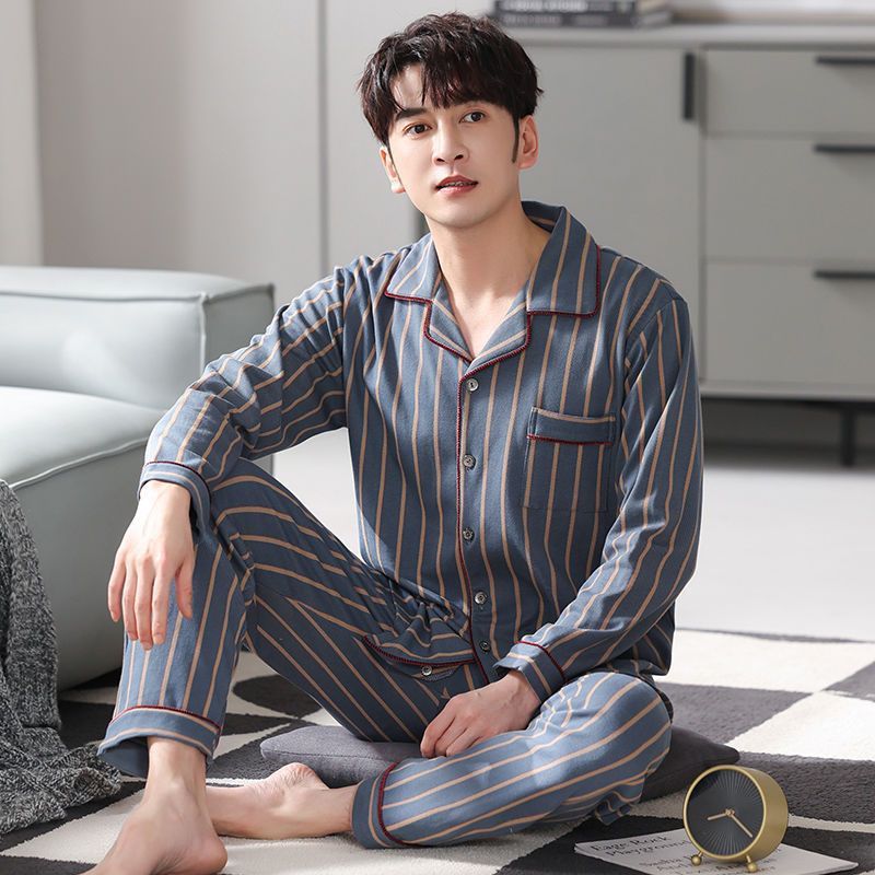 Men's Cotton Pajama Suit - Adult Autumn Winter Long-Sleeve Home Wear