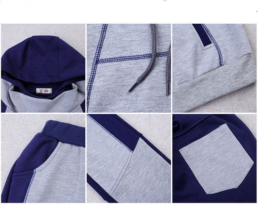 Collage of a gray and navy blue hoodie with close-up details on a white background
