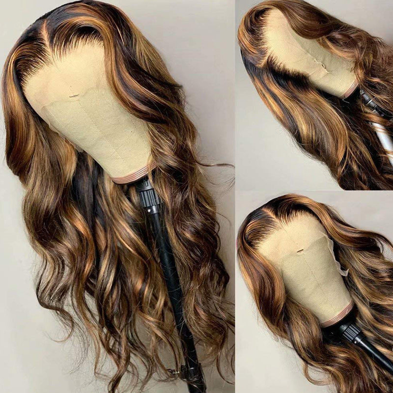 Brown wavy wig on a mannequin head with close-up details.