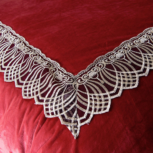 Decorative lace trim on a red fabric background