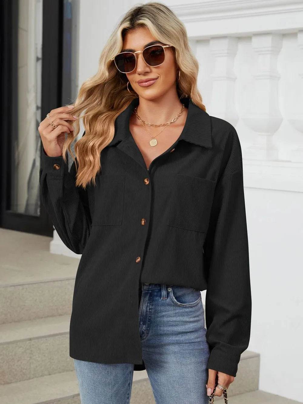 Button Up Dropped Shoulder Long Sleeve Outerwear - Millivan supplies
