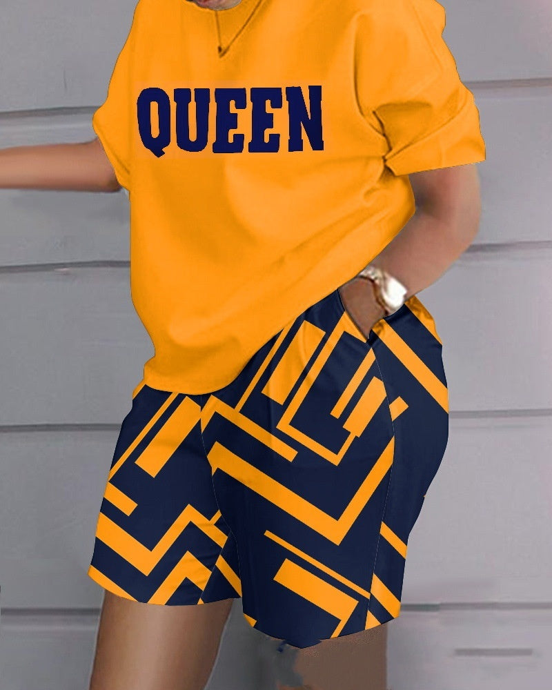 Casual Printing Color Contrast Short Sleeve Two-piece Set
