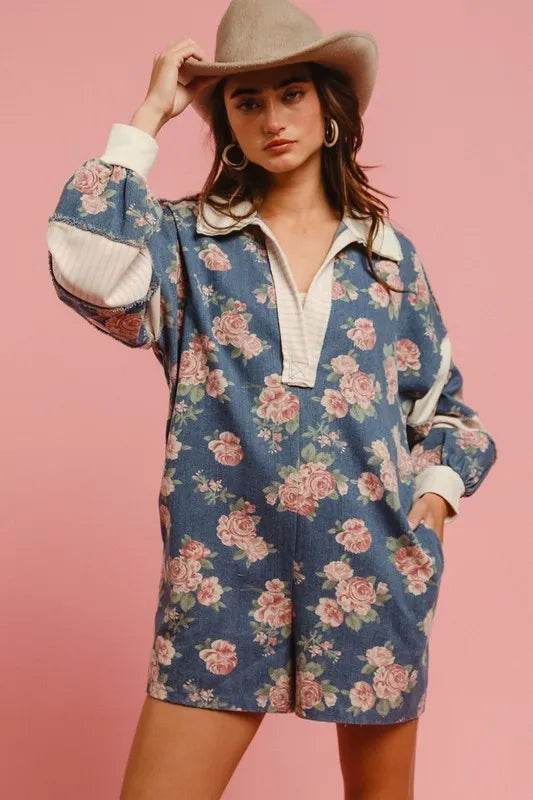 BiBi Washed Floral Denim Romper With Contrast Collar - Millivan supplies