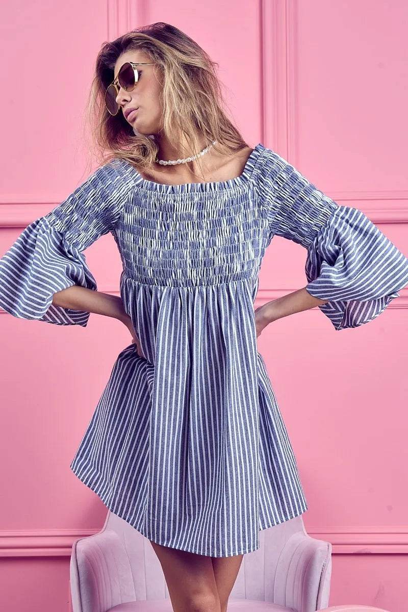 BiBi Smocked Off Shoulder Striped Dress - Millivan supplies