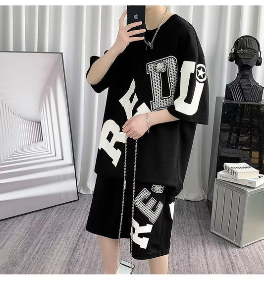 Men's Fashion Casual Printing Short-sleeved Shorts Suit - Cotton Leisure Set