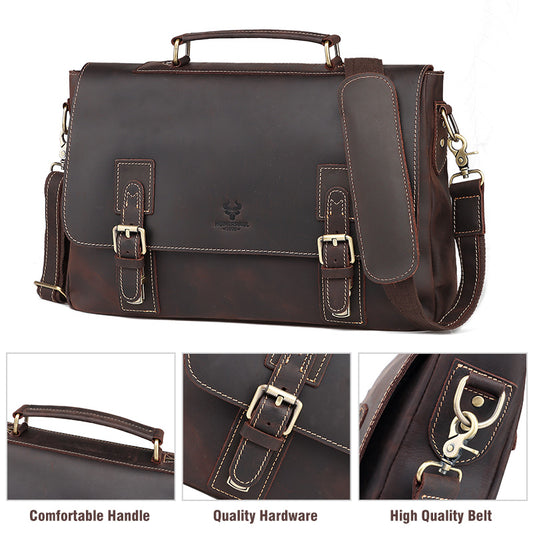 Brown leather briefcase with close-up details on a white background
