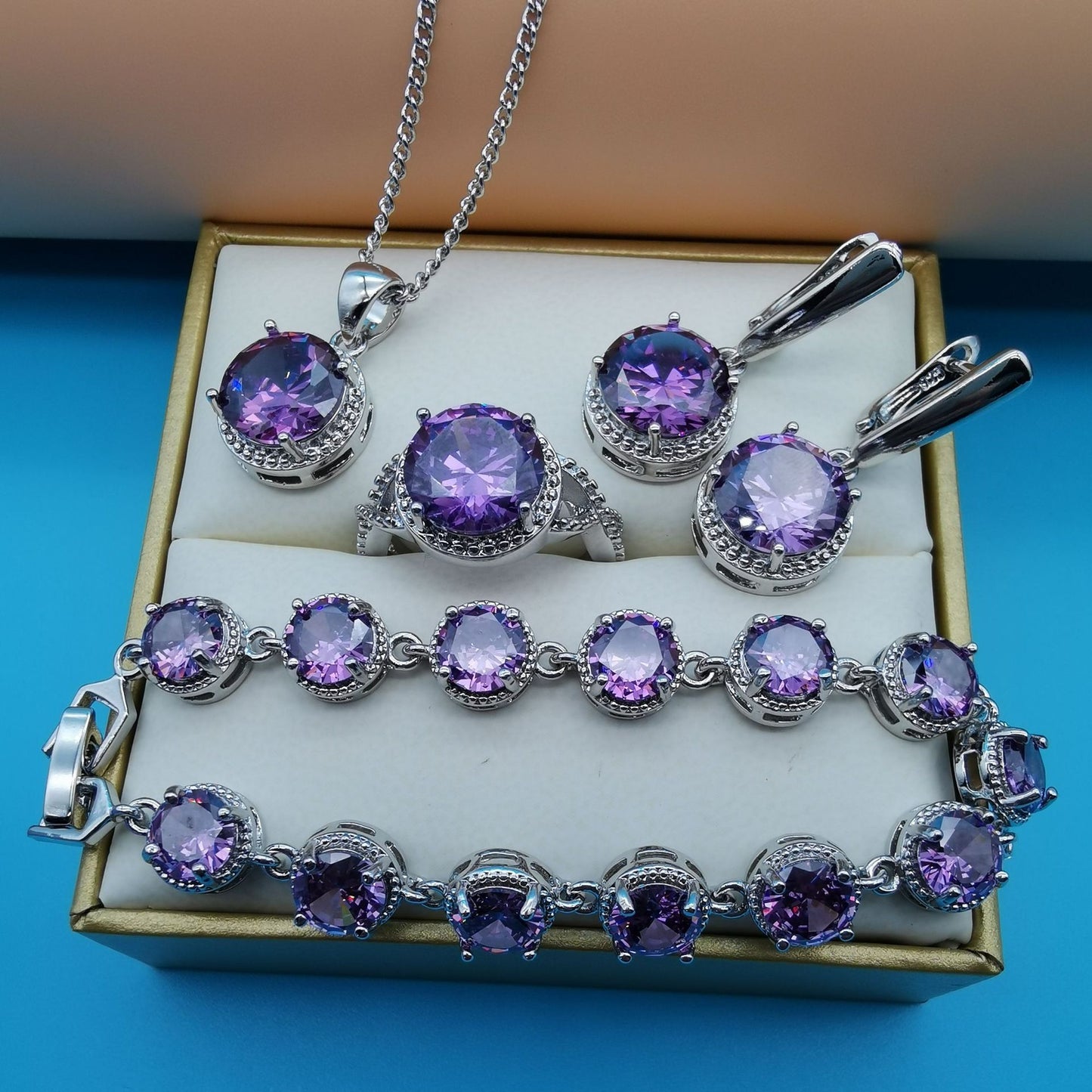 Women's Diamond Jewelry Set - Adult 4-Piece Blue Ring Set Size 10