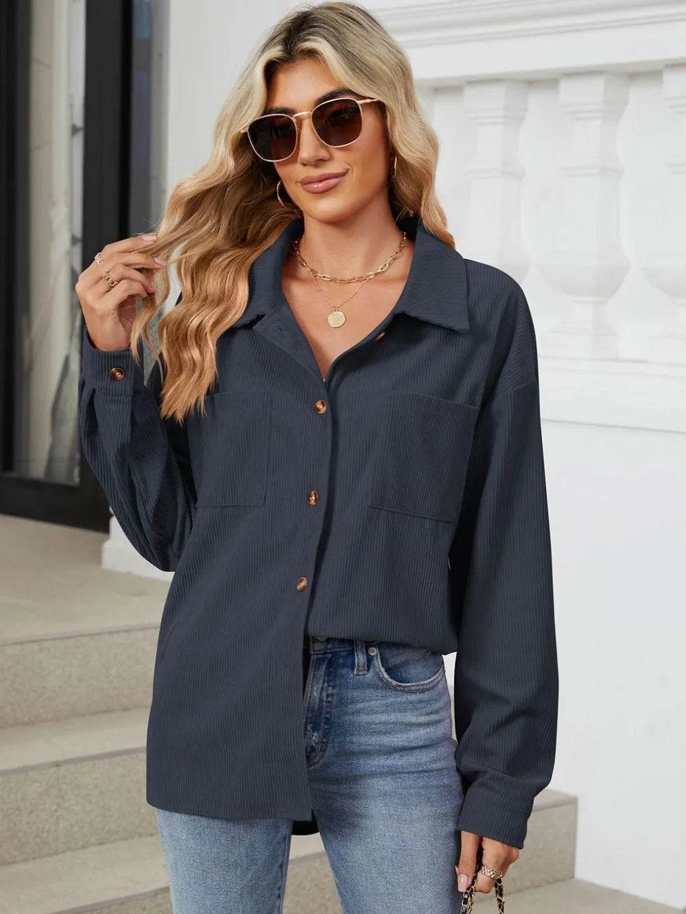 Button Up Dropped Shoulder Long Sleeve Outerwear - Millivan supplies