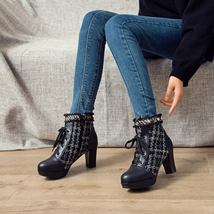 Short Boots Women's Stitching Lace Sweet Thick Heel Women's Shoes