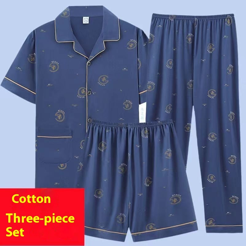 Men's Summer Cotton Pajamas - Adult Three-Piece Short Sleeve Set