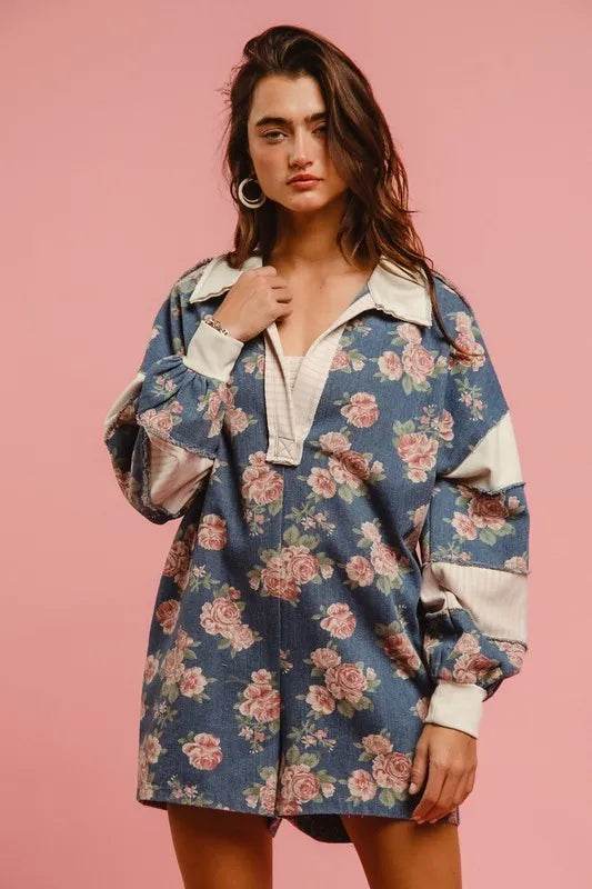 BiBi Washed Floral Denim Romper With Contrast Collar - Millivan supplies