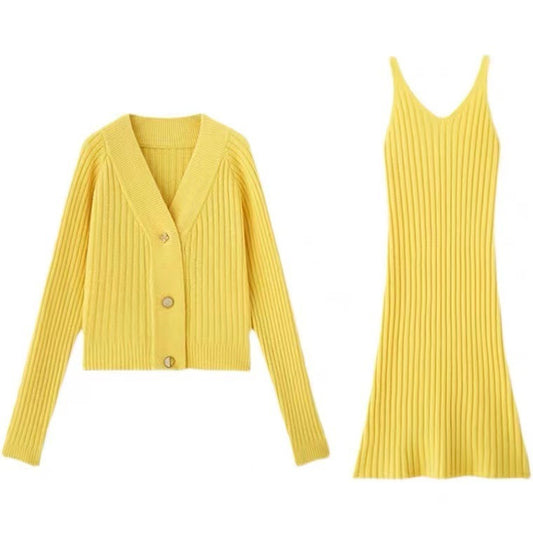 Yellow ribbed cardigan and dress set on a white background