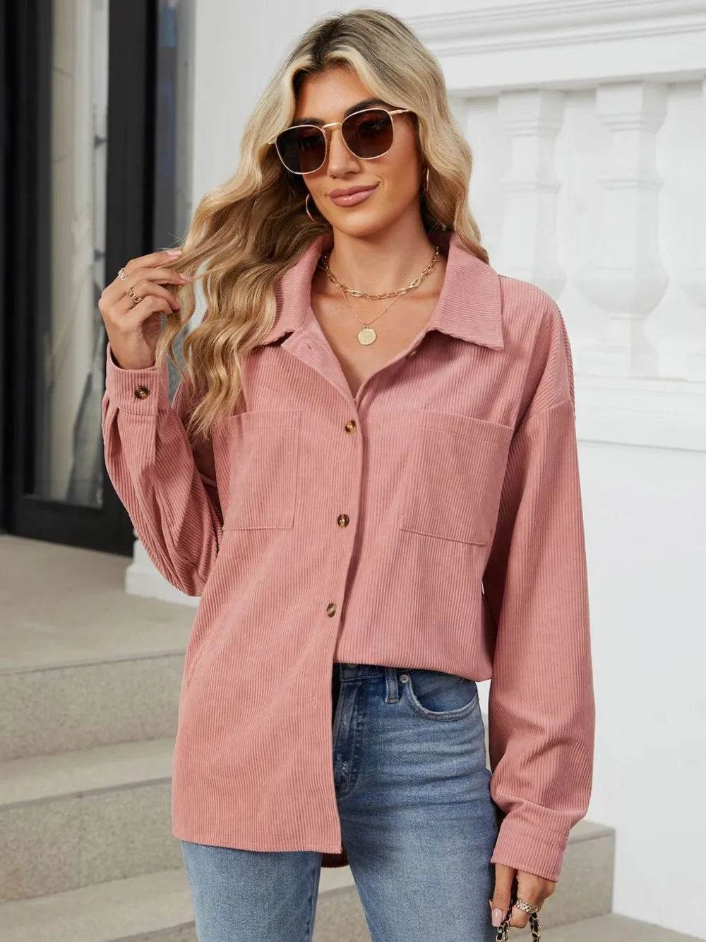 Button Up Dropped Shoulder Long Sleeve Outerwear - Millivan supplies