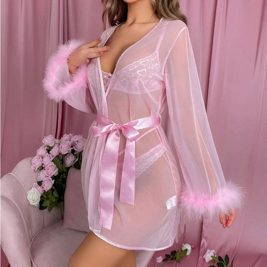 Women's Lightweight Mesh Nightdress - Breathable Sleep Dress with Wool Stitching