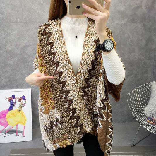 Bohemian Thick Thread Ethnic Knit Jacket - Loose Ripple Pattern Acrylic One Size