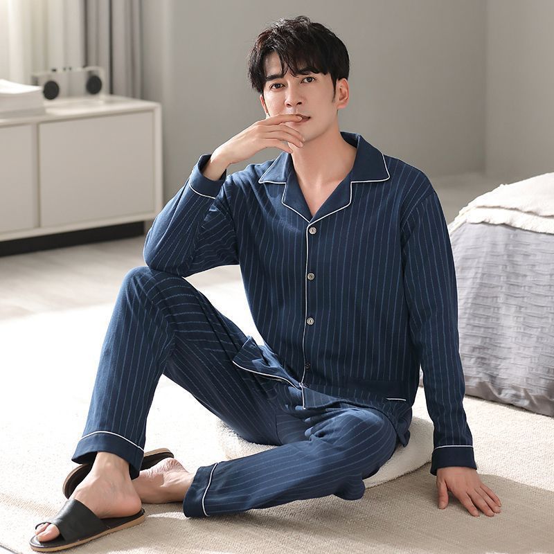 Men's Cotton Pajama Suit - Adult Autumn Winter Long-Sleeve Home Wear