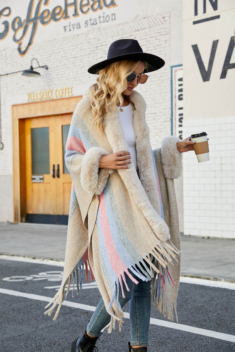 Color Block Fringe Detail Poncho - Millivan supplies