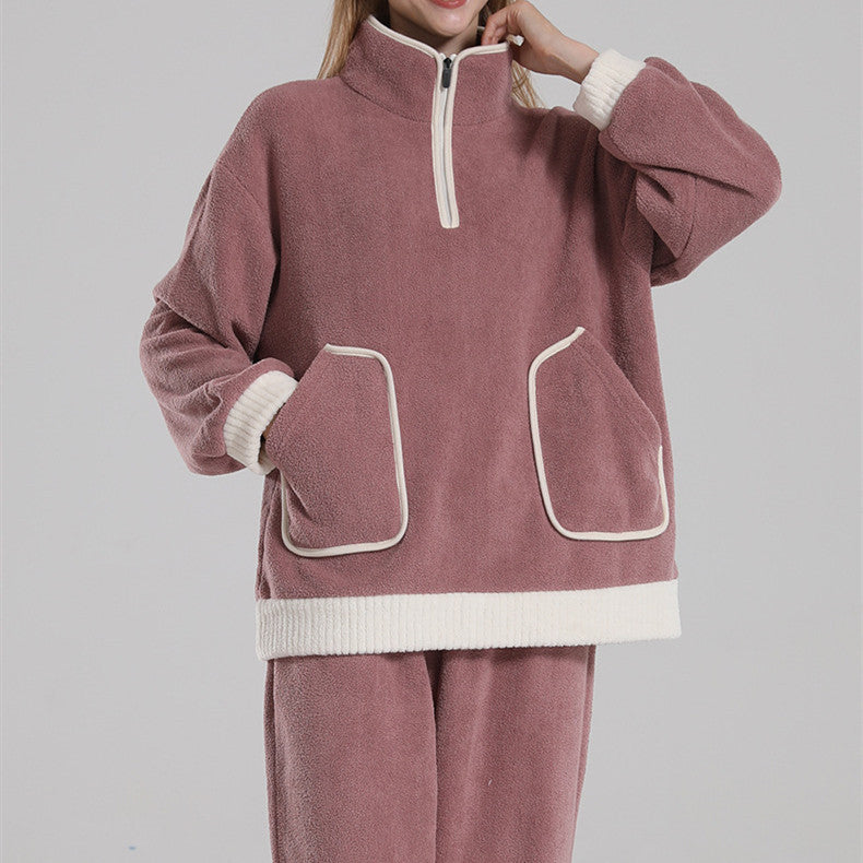 Fashionable Simple Waxberry Velvet Warm Outerwear Couple Pajamas - Matching Set