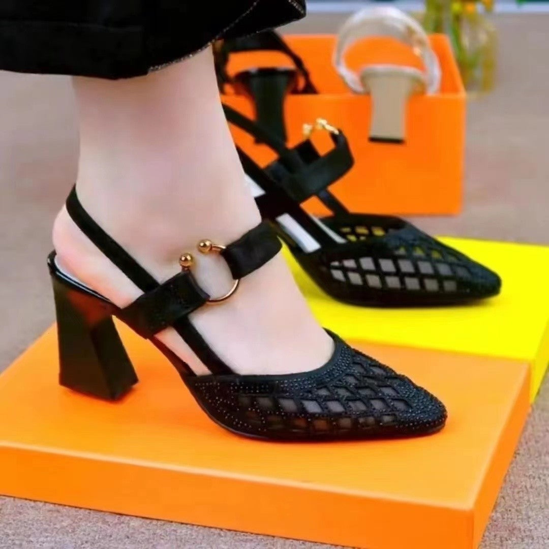 Pointed Straight Button Sandals, Women's High Heels Mesh Rhinestones