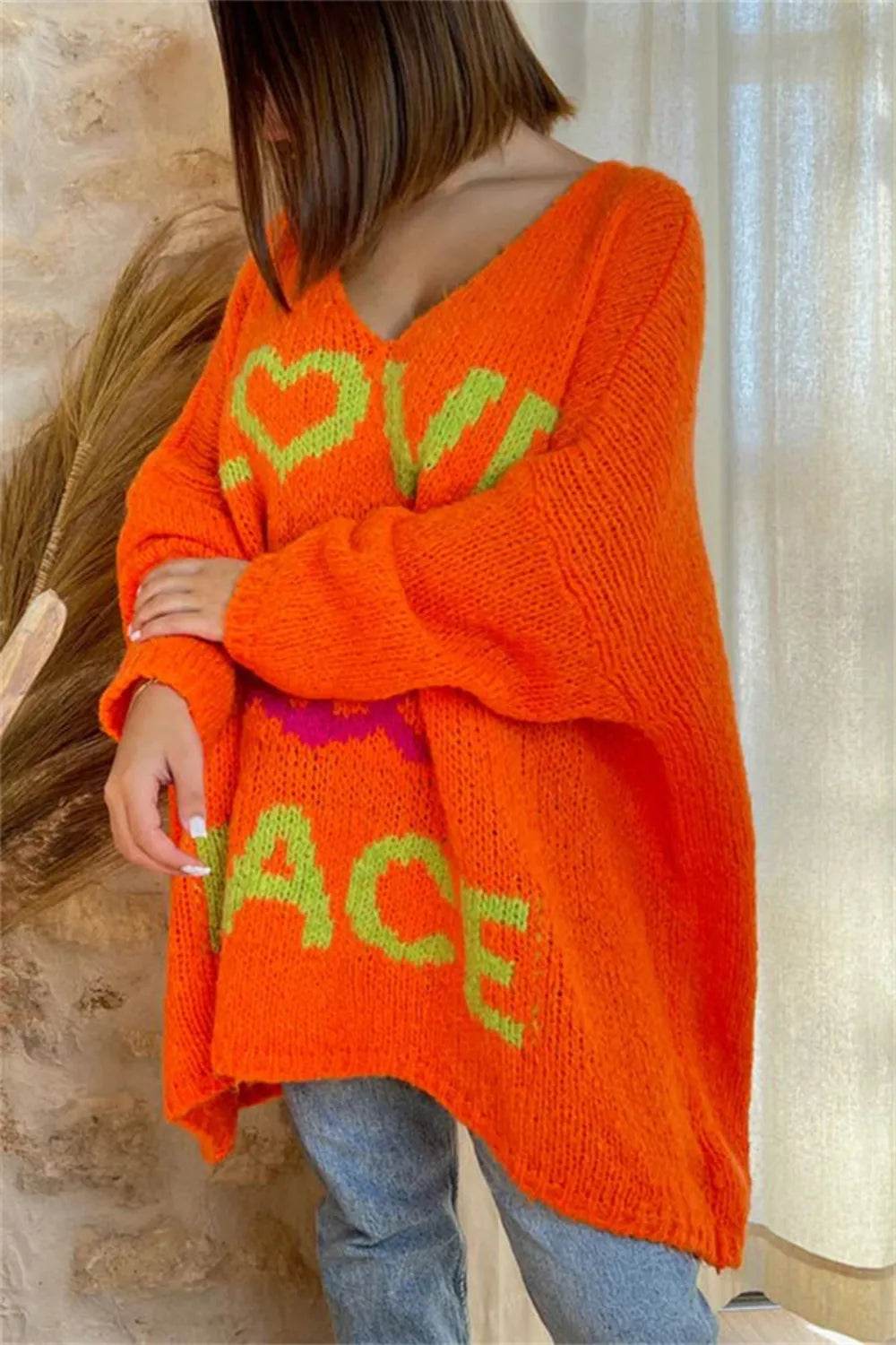 Peace Graphic V-Neck Long Sleeve Sweater - Millivan supplies