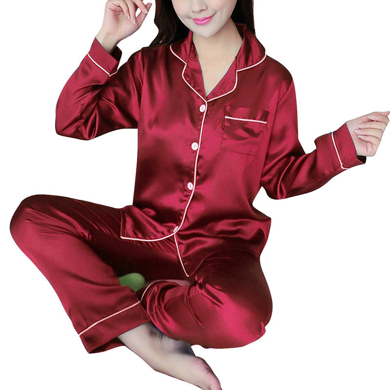 Women's Ice Silk Pajama Set - Adult Long Sleeve Home Sleepwear