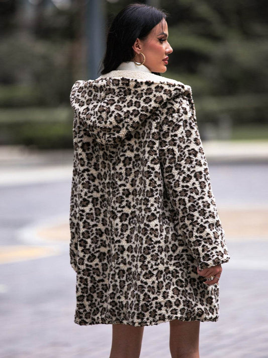Shiny Leopard Hooded Coat with Pockets - Millivan supplies
