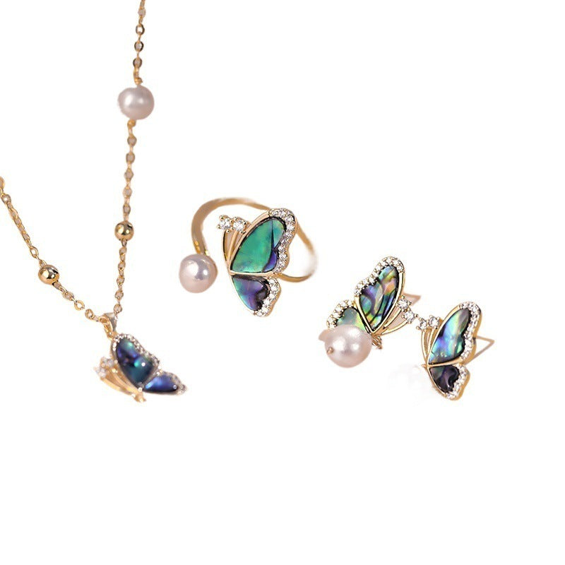 Abalone Shell Butterfly Necklace Ear Stud Ring Suit