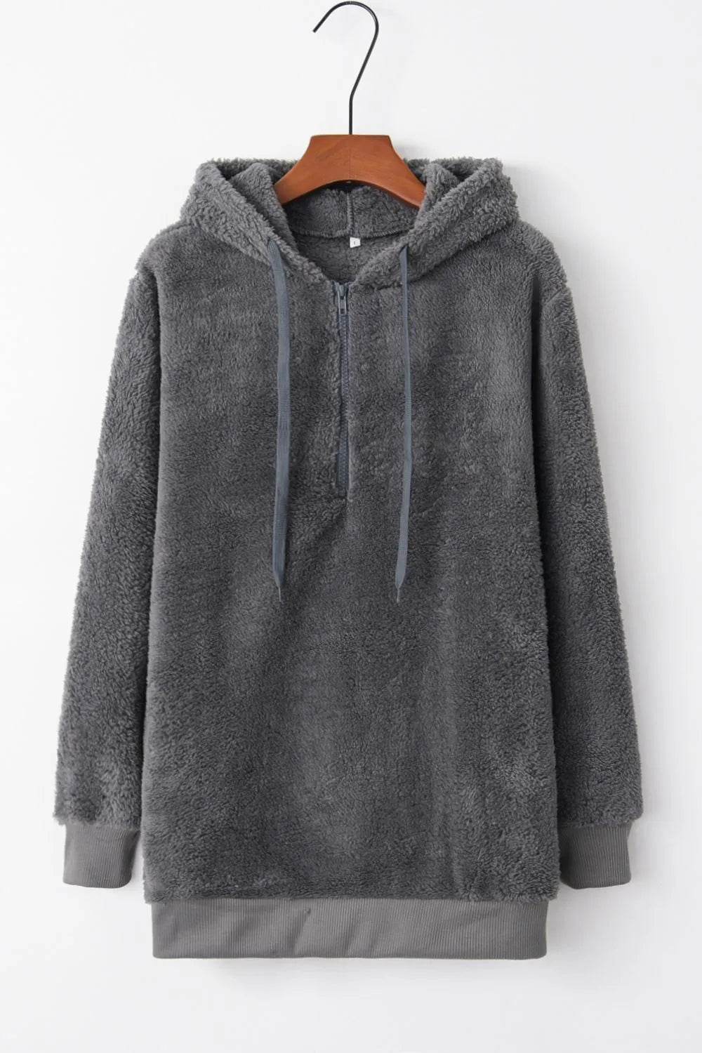 Full Size Quarter-Zip Drawstring Teddy Hoodie - Millivan supplies