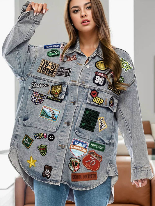 Embroidered Patch Button Up Long Sleeve Denim Jacket - Millivan supplies