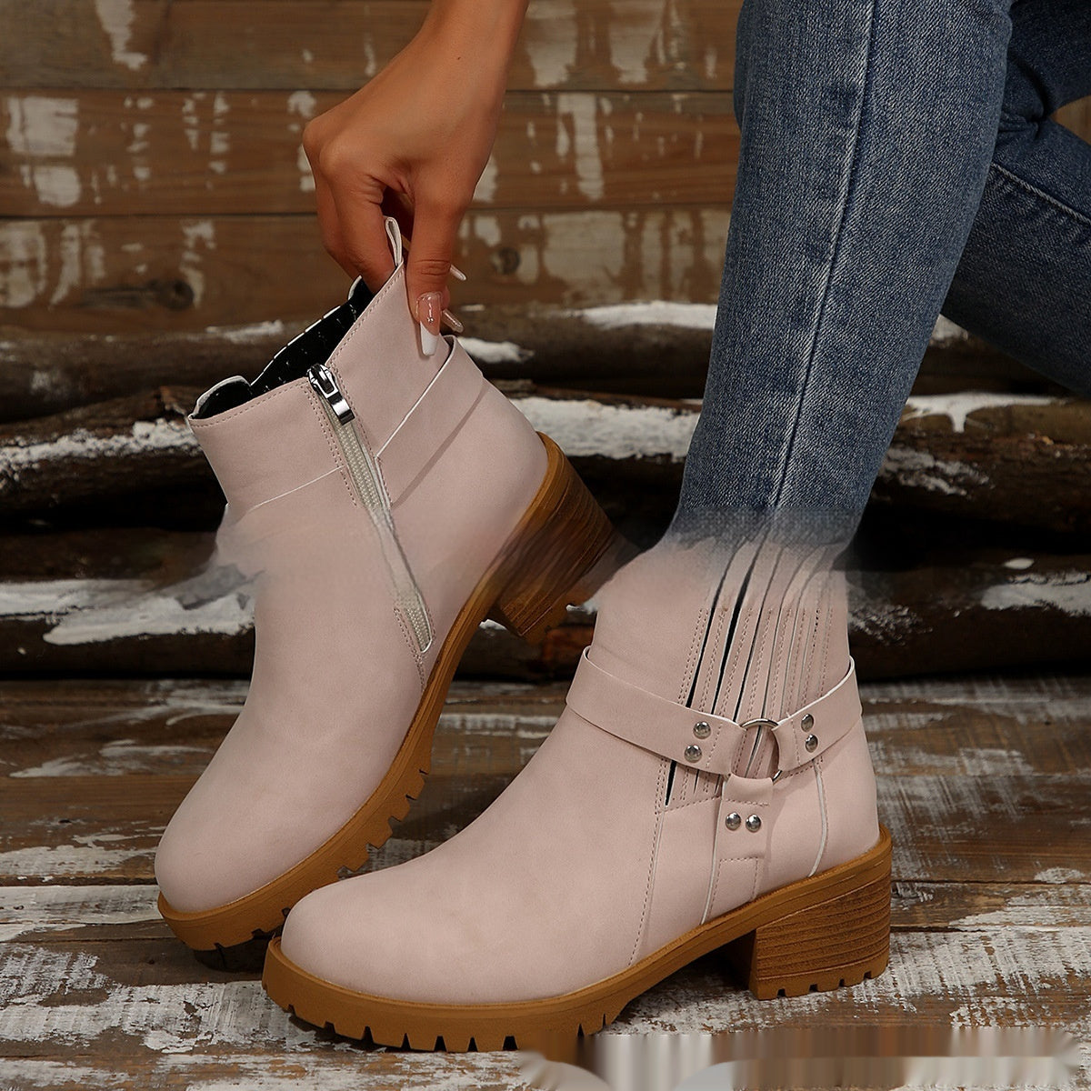 Women's Belt Buckle Ankle Boots - Adult Elastic Band Retaining Ring Boots