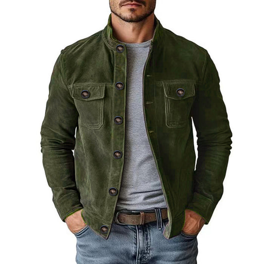 Green jacket worn by a person on a white background