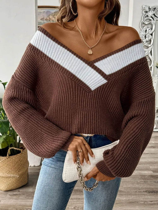 Contrast Dropped Shoulder Long Sleeve Sweater - Millivan supplies
